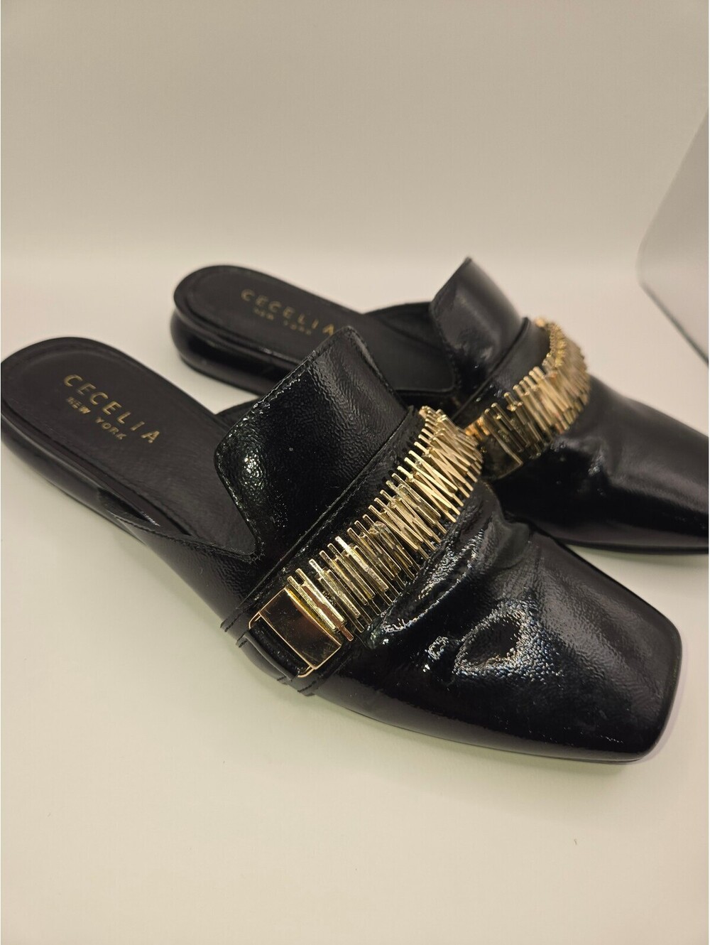 Cecelia New York Flipper Black Patent Leather Gold Hardware Mules / Flats Size 7